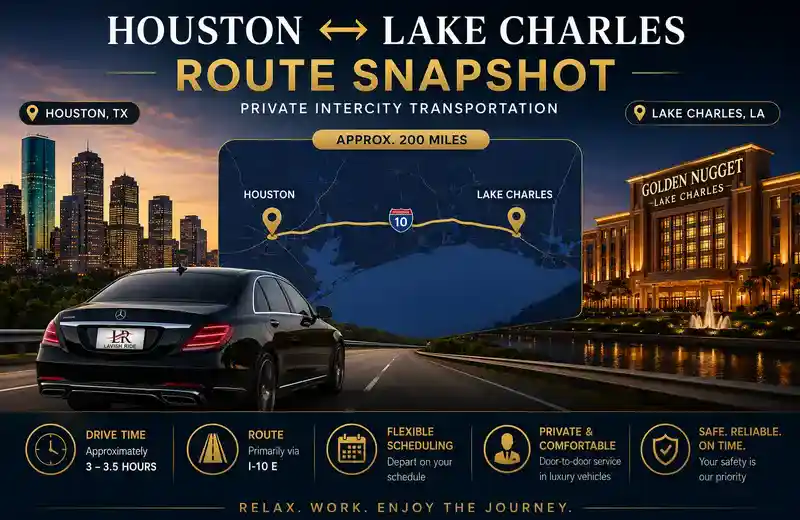 Luxury Houston to Lake Charles route snapshot graphic featuring a black executive sedan with Lavish Ride branded license plate, Houston skyline, Lake Charles casino resort, mapped I-10 travel route, and premium chauffeur transportation details including drive time, flexible scheduling, and private long-distance service.